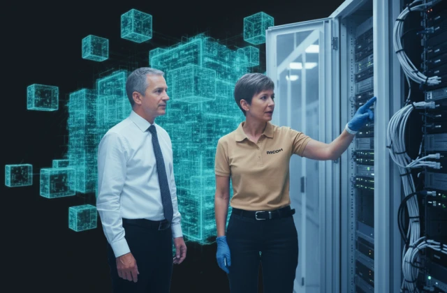 A man and a woman in a data center, with the woman pointing at server racks and holographic cubes.