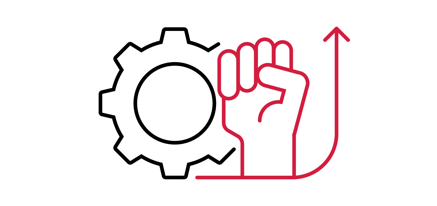  An icon depicting a raised fist, outlined in red, transitioning into an upward-pointing arrow on the right. The overall design suggests increasing resilience or strength and upward progress