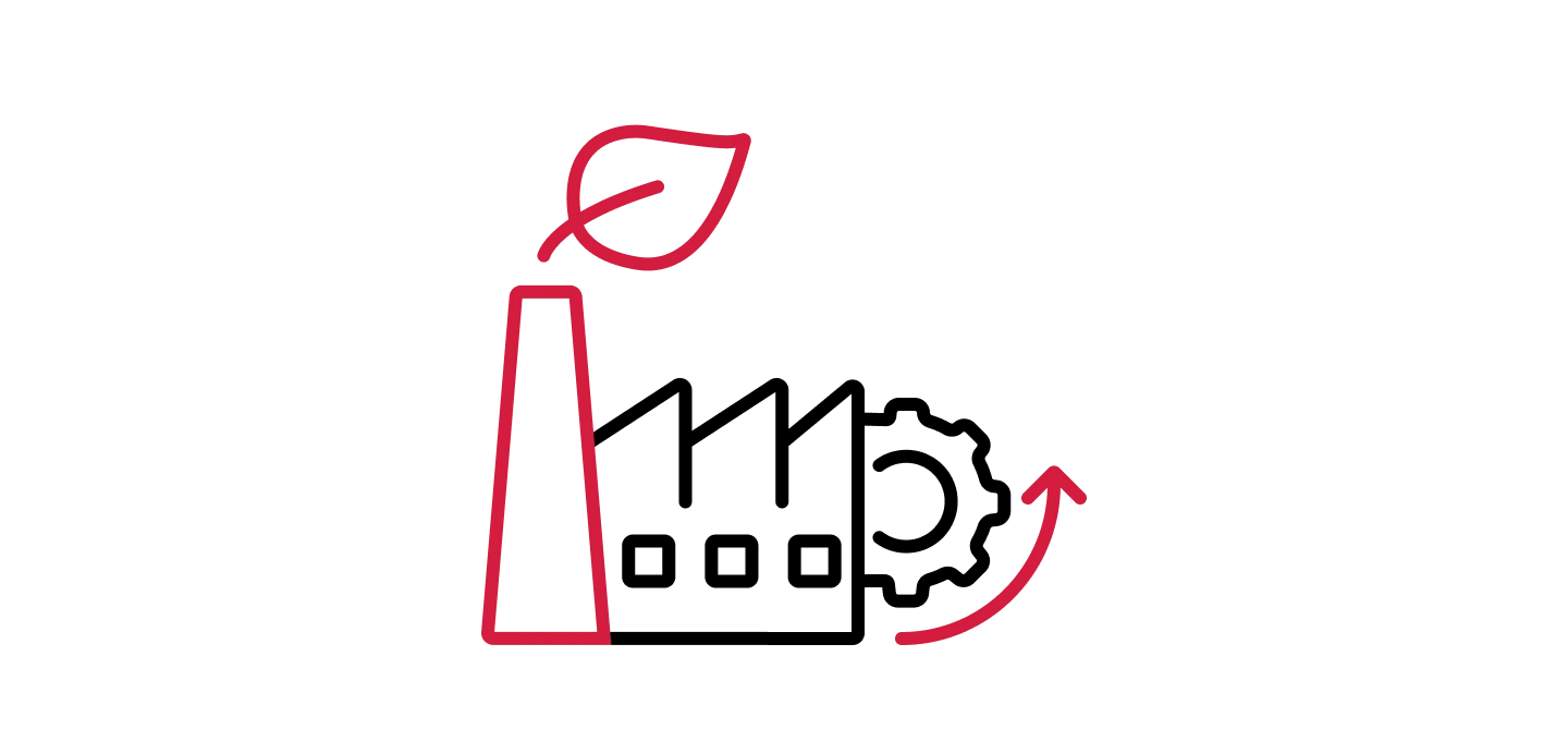 Factory with leaf and gear, symbolising low‑carbon production that maintains the same performance.