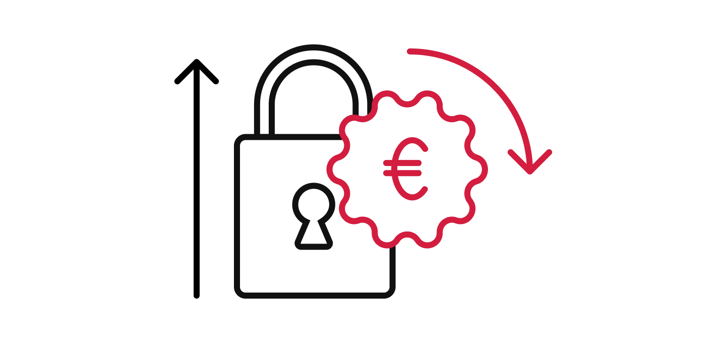 An icon featuring a padlock, outlined in dark gray, representing protection or security. A stylized red gear with a euro symbol (€) inside is placed over the padlock, and a curved red arrow points downward and to the right, suggesting a reduction in cost while increasing protection.