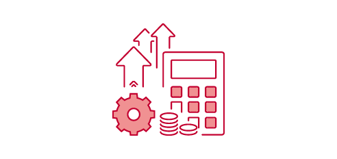 A pink calculator with a pink gear below and pink arrows pointing upwards.