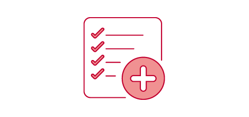 A white sheet of paper with a pink checklist and a pink circle with a plus sign in the bottom right corner.