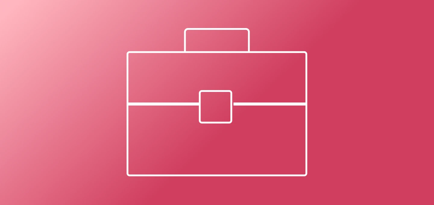 A simple white line drawing on a pink background shows a briefcase. It has a rectangular shape with a handle on top and a clasp in the middle. It looks like the kind of bag someone might use to carry papers or a small laptop.