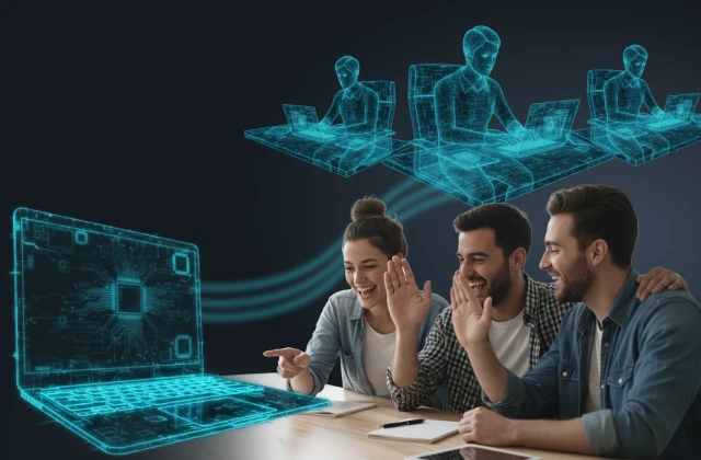 Three young people, two men and one woman, sitting at a table and waving happily at a large, glowing blue holographic laptop. In the background, three more holographic figures of people working at desks are visible, connected to the main laptop by flowing blue light lines. The scene represents a high-tech, collaborative, and remote work environment.