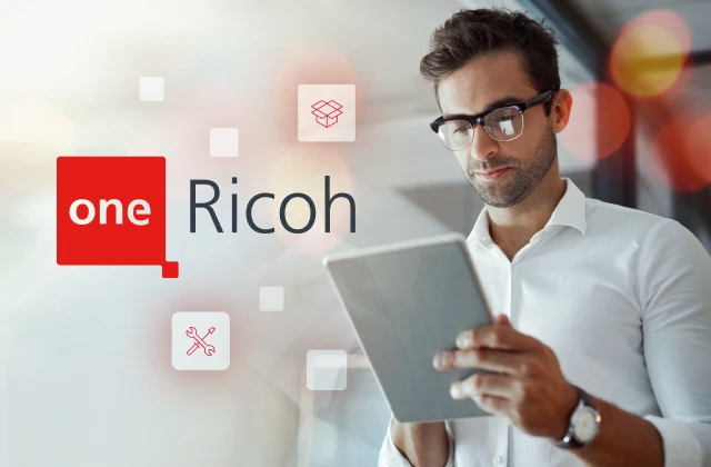 A man wearing glasses and a white shirt is holding a tablet, looking at it thoughtfully. The background features a blurred, modern office setting with digital icons symbolizing tools, packages, and connectivity. The "one Ricoh" logo is prominently displayed, with the word "one" in a red speech bubble and "Ricoh" in black text.