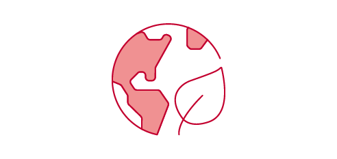 A red icon shows a circle representing the Earth with outlines of continents. A simple red leaf shape is also inside the circle, partially overlapping the Earth.