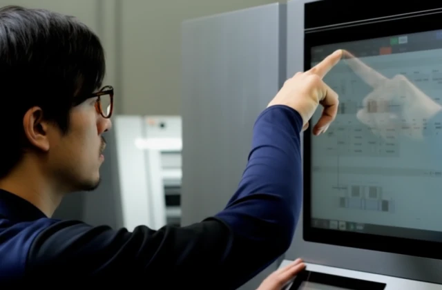 A man in glasses uses a large touch screen to manage professional production printing software.