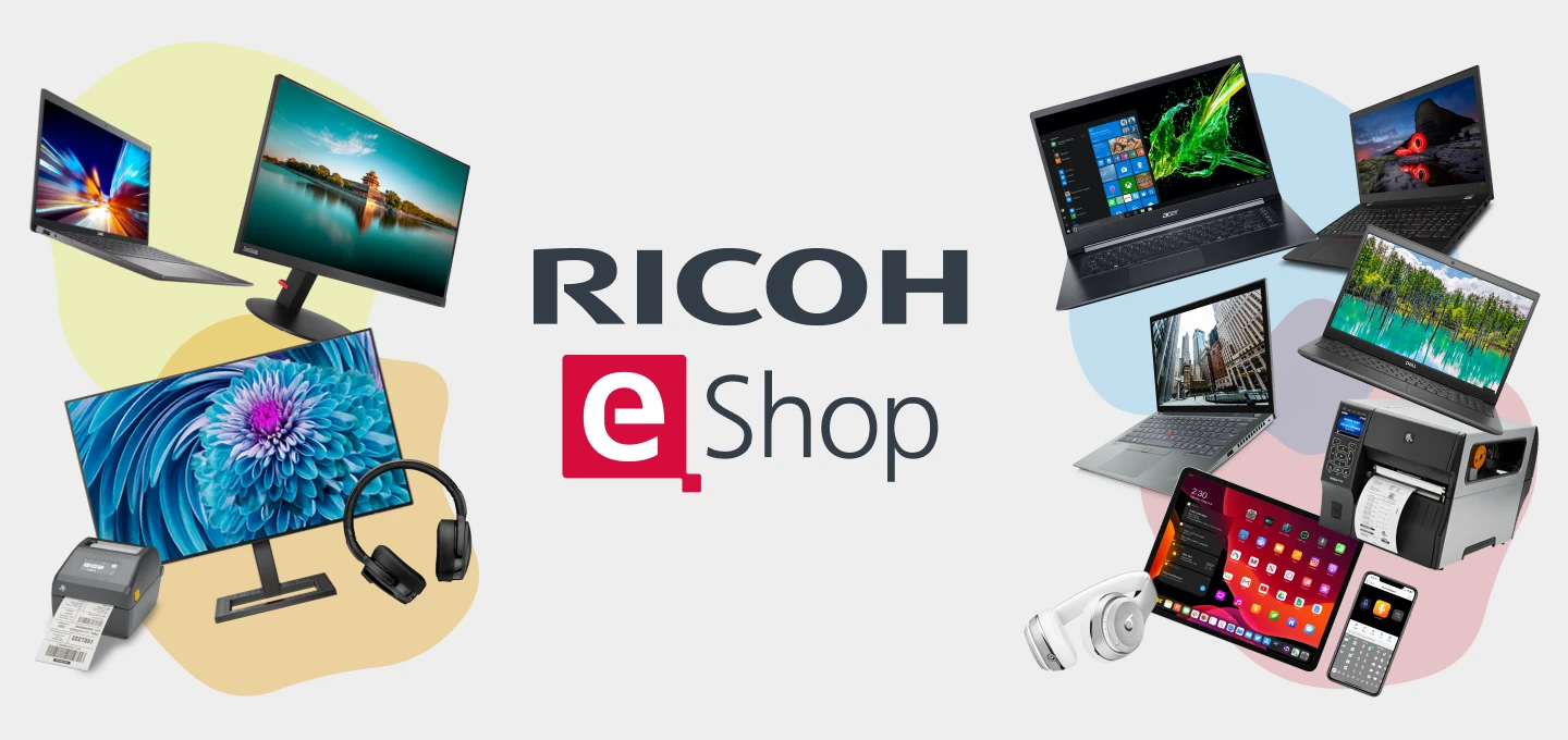 A colorful image of various electronics, including laptops, monitors, printers, and headphones. The text "RICOH eShop" is displayed in the center.