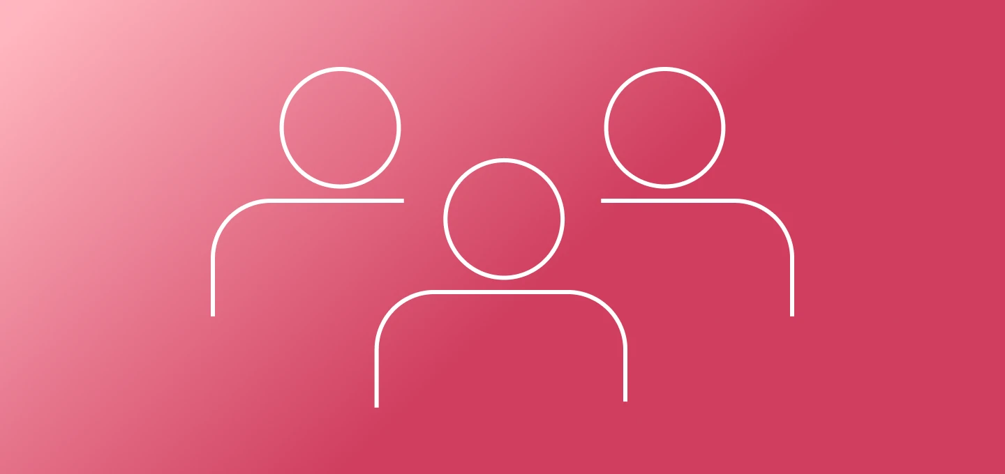 A simple white line drawing on a pink background shows three figures standing together. The figures are drawn with basic shapes: an oval for the head and a curved line forming the shoulders and upper body. One figure is positioned slightly in front and in the center, while the other two are behind and to the sides, suggesting a small group or team.