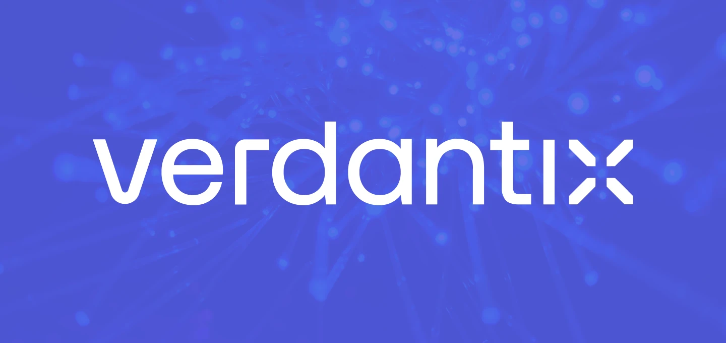 Verdantix logo displayed on a blue background with abstract light patterns.